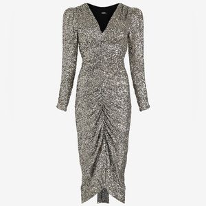 Express Sequin V-Neck Puff Sleeve Ruched Midi Sheath Dress - Medium! NWT!